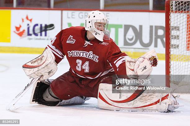 Jake Allen of the Montreal Juniors makes a glove save during the game against the Lewiston Maineiacs at the Verdun Auditorium on March 1, 2009 in...