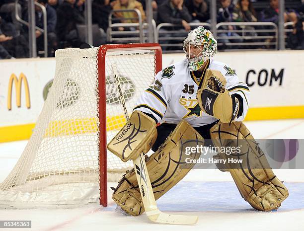 Marty Turco of the Dallas Stars in goal against the Los Angeles Kings during the game at the Staples Center on March 5, 2008 in Los Angeles,...