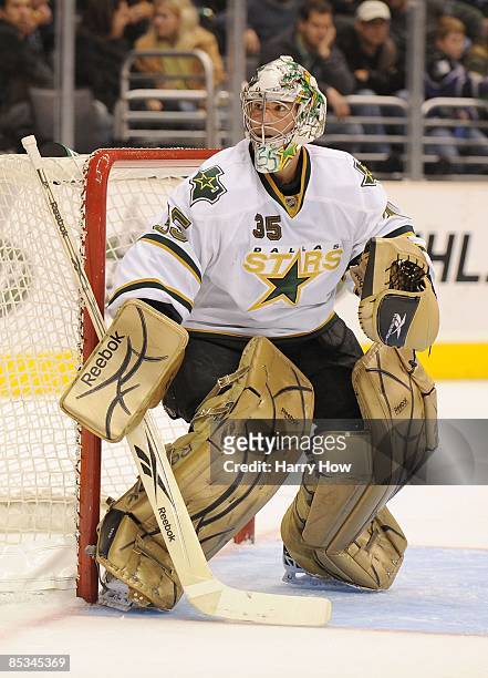 Marty Turco of the Dallas Stars in goal against the Los Angeles Kings during the game at the Staples Center on March 5, 2008 in Los Angeles,...