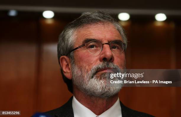 Sinn Fein president Gerry Adams during a press conference at the Balmoral Hotel, Belfast, after his release from custody at Antrim Police Station...