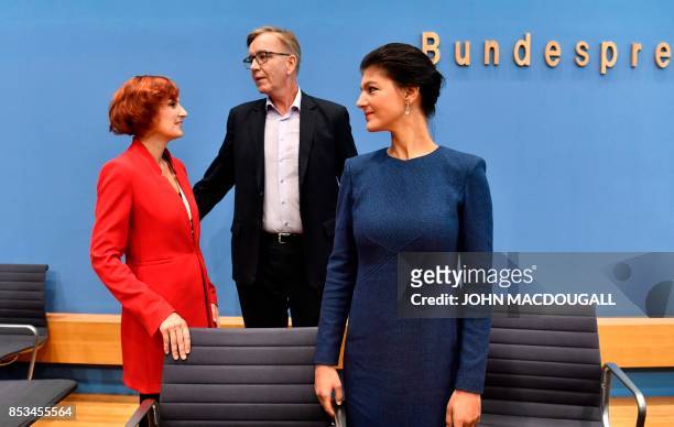 Top candidate of Die Linke party Sahra Wagenknecht and Dietmar Bartsch together with co-leader of Die Linke Katja Kipping are seen prior a press...