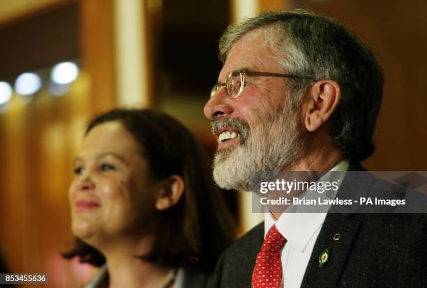 Sinn Fein president Gerry Adams with Sinn Fein deputy leader Mary Lou McDonald during a press conference at the Balmoral Hotel, Belfast, after his...