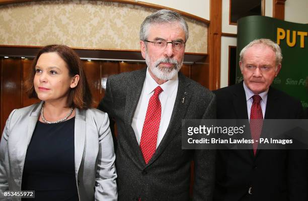 Sinn Fein president Gerry Adams with Sinn Fein deputy leader Mary Lou McDonald and Northern Ireland Deputy First Minister Martin McGuinness as he...