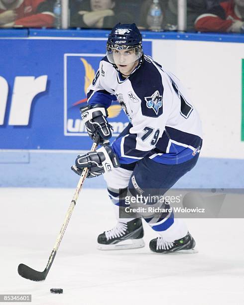 Luca Cunti of the Rimouski Oceanic skates with the puck during the game against the Quebec Remparts at Colisee Pepsi on March 04, 2009 in Quebec...