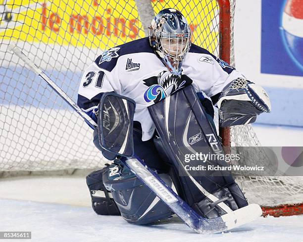 Maxim Gougeon of the Rimouski Oceanic watches play during the game against the Quebec Remparts at Colisee Pepsi on March 04, 2009 in Quebec City,...