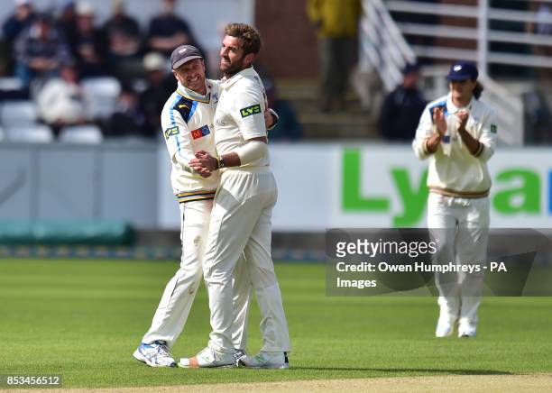 Yorkshire's Liam Plunkett celebrates the wicket of Durham's Mark Stoneman during the LV=County Championship Division One match at the Emirates Durham...