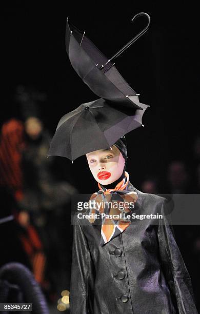 Model walks down the catwalk during the Alexander McQueen Ready-to-Wear A/W 2009 fashion show during Paris Fashion Week at POPB on March 10, 2009 in...