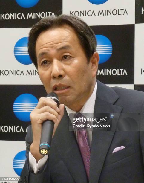 Konica Minolta Inc. President Shoei Yamana speaks at a press conference in Tokyo on Sept. 25, 2017. The Japanese maker of copiers, printers and...