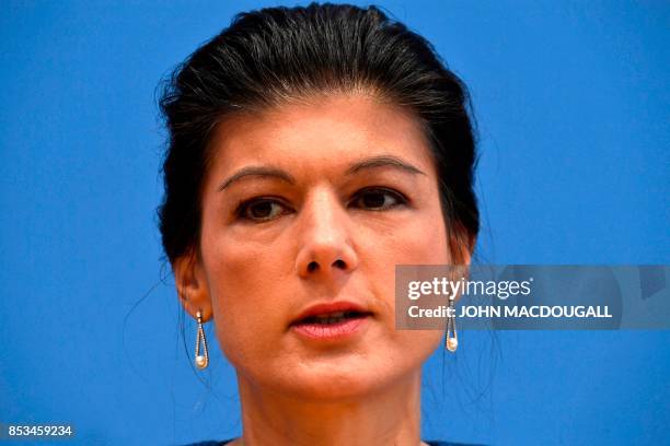 Top candidate of Die Linke party Sahra Wagenknecht attends a press conference in Berlin on September 25 one day after general elections. - Germany...