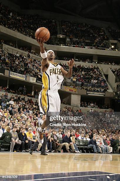 Ford of the Indiana Pacers takes the ball to the basket against the Chicago Bulls during the game at Conseco Fieldhouse on February 22, 2009 in...