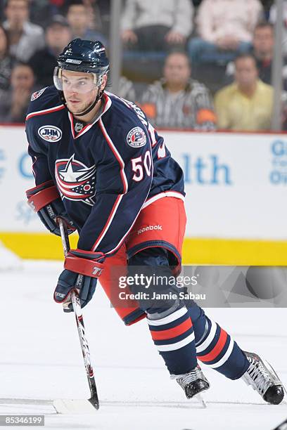 The Columbus Blue Jackets' newest addition, Antoine Vermette, skates the puck up ice against the Boston Bruins on March 10, 2009 at Nationwide Arena...