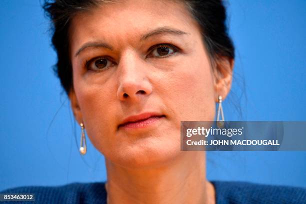 Top candidate of Die Linke party Sahra Wagenknecht attends a press conference in Berlin on September 25 one day after general elections. - Germany...
