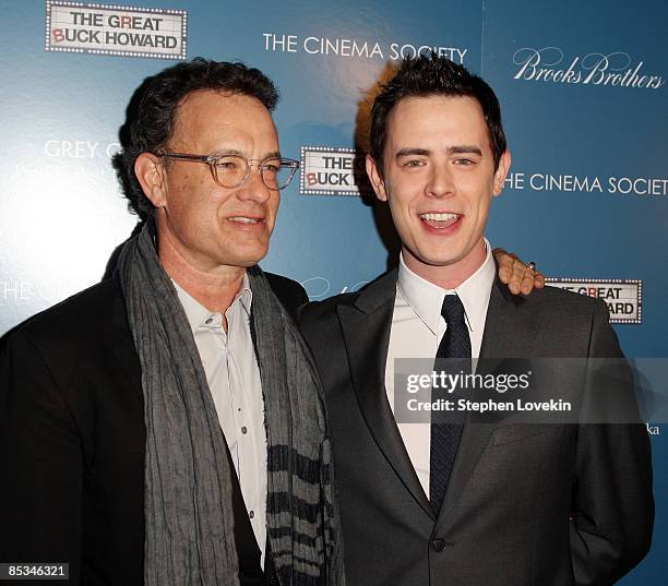 Actors Tom Hanks and Colin Hanks attend The Cinema Society and Brooks Brothers screening of "The Great Buck Howard" at the Tribeca Grand Screening...