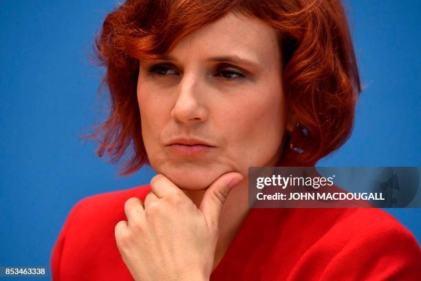 Top candidate of Die Linke party attends a press conference in Berlin on September 25 one day after general elections. - Germany voted in a general...