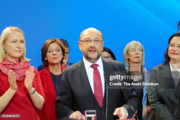 German Social Democrat and chancellor candidate Martin Schulz talks at the stage with State Premier of Mecklenburg-Western Pomerania Manuela Schwesig...