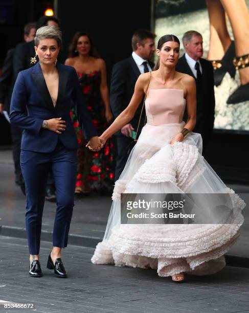 Collingwood AFLW player Moana Hope arrives with Isabella Carlstrom ahead of the 2017 Brownlow Medal at Crown Entertainment Complex on September 25,...