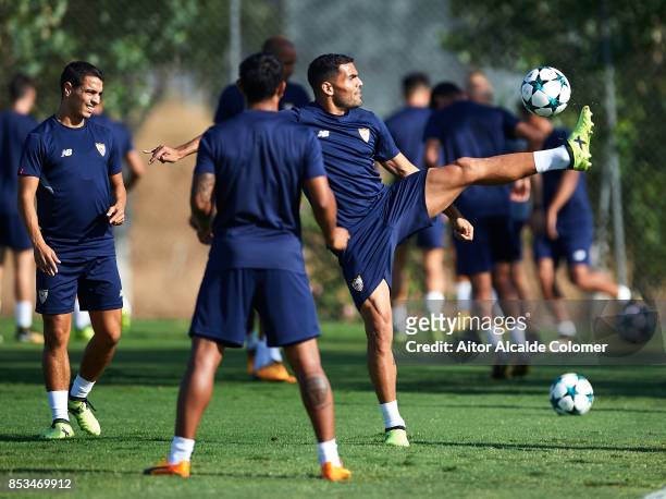 Gabriel Mercado of Sevilla FC in action during the training session prior to their UEFA Champions League match against Maribor at training ground of...