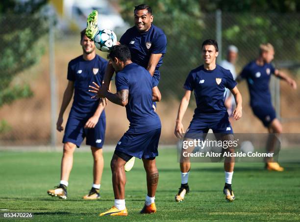 Gabriel Mercado of Sevilla FC competes for the ball with Walter Montoya of Sevilla FC during the training session prior to their UEFA Champions...