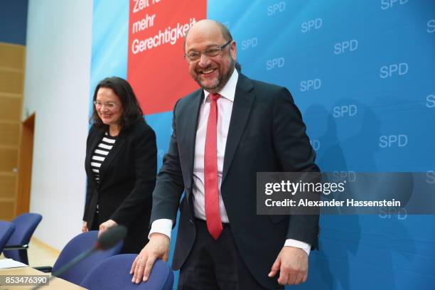 German Social Democrat Martin Schulz, who had run for chancellor in yesterday's federal elections, arrives with Minister of Work and Social Issues...