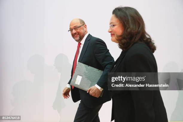 German Social Democrat Martin Schulz, who had run for chancellor in yesterday's federal elections, arrives with Minister of Work and Social Issues...