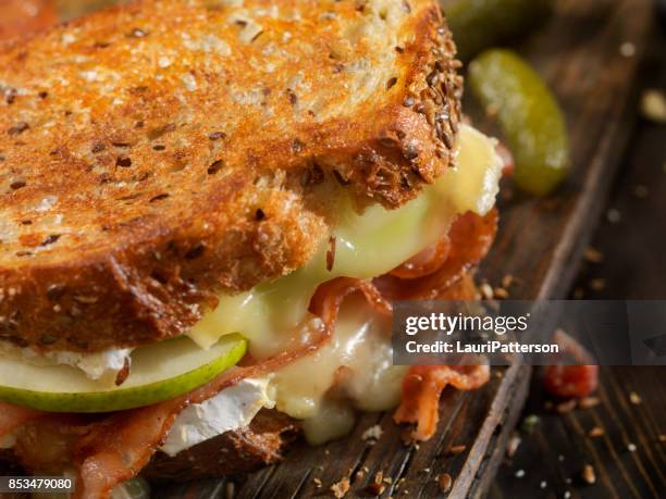 grilled cheese sandwich with bacon, brie and pear - gherkin stock pictures, royalty-free photos & images