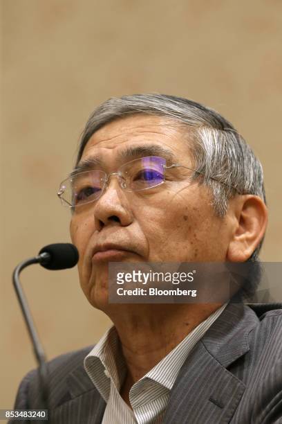 Haruhiko Kuroda, governor of the Bank of Japan , listens during a news conference in Osaka, Japan, on Monday, Sept. 25, 2017. Japan's low inflation...