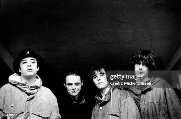 English rock group The Stone Roses posed in Hilversum, Netherlands in 1992. Left to right: Alan 'Reni' Wren, Gary 'Mani' Mounfield, Ian Brown and...