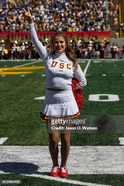 Trojans cheerleader performs on the field before the game against the California Golden Bears at California Memorial Stadium on September 23, 2017 in...