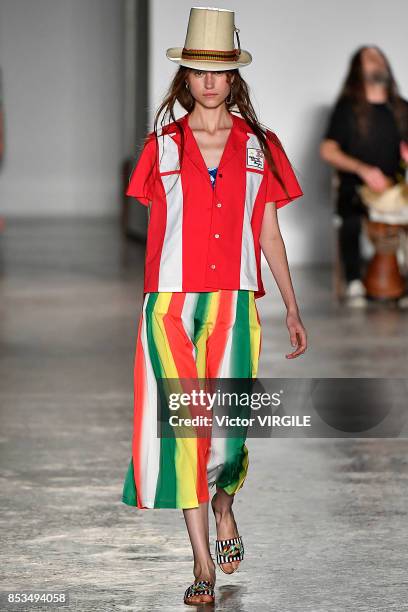 Model walks the runway at the Stella Jean Ready to Wear Spring/Summer 2018 fashion show during Milan Fashion Week Spring/Summer 2018 on September 24,...