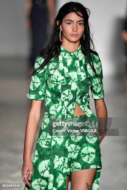 Model walks the runway at the Stella Jean Ready to Wear Spring/Summer 2018 fashion show during Milan Fashion Week Spring/Summer 2018 on September 24,...