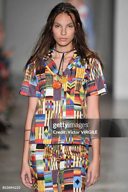 Model walks the runway at the Stella Jean Ready to Wear Spring/Summer 2018 fashion show during Milan Fashion Week Spring/Summer 2018 on September 24,...