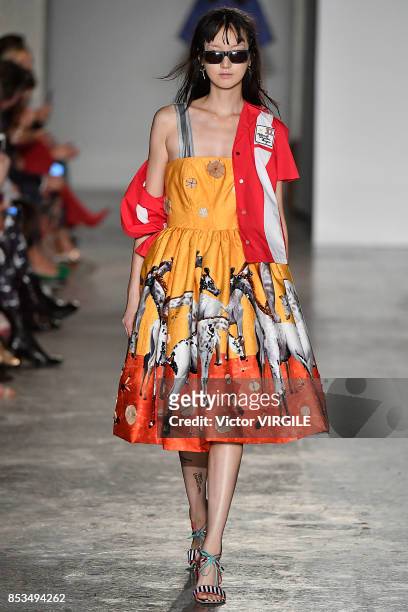 Model walks the runway at the Stella Jean Ready to Wear Spring/Summer 2018 fashion show during Milan Fashion Week Spring/Summer 2018 on September 24,...