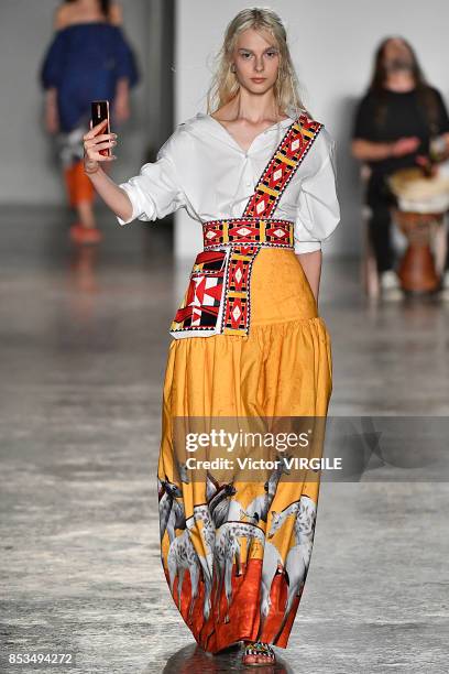 Model walks the runway at the Stella Jean Ready to Wear Spring/Summer 2018 fashion show during Milan Fashion Week Spring/Summer 2018 on September 24,...