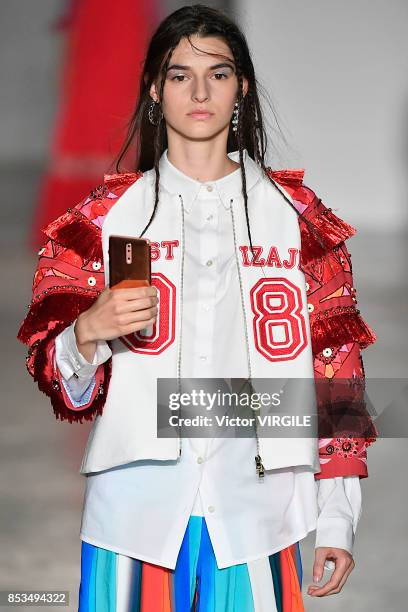 Model walks the runway at the Stella Jean Ready to Wear Spring/Summer 2018 fashion show during Milan Fashion Week Spring/Summer 2018 on September 24,...