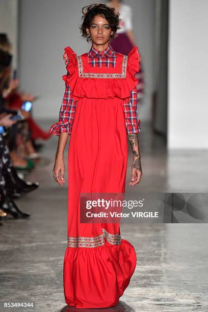 Model walks the runway at the Stella Jean Ready to Wear Spring/Summer 2018 fashion show during Milan Fashion Week Spring/Summer 2018 on September 24,...