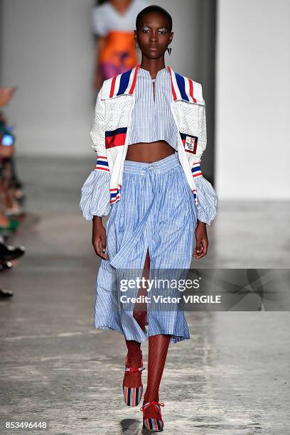 Model walks the runway at the Stella Jean Ready to Wear Spring/Summer 2018 fashion show during Milan Fashion Week Spring/Summer 2018 on September 24,...