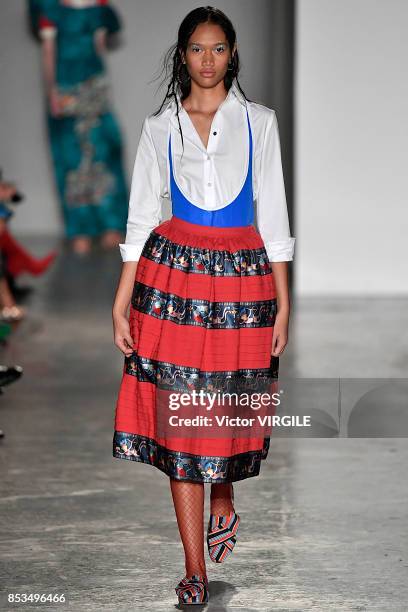 Model walks the runway at the Stella Jean Ready to Wear Spring/Summer 2018 fashion show during Milan Fashion Week Spring/Summer 2018 on September 24,...