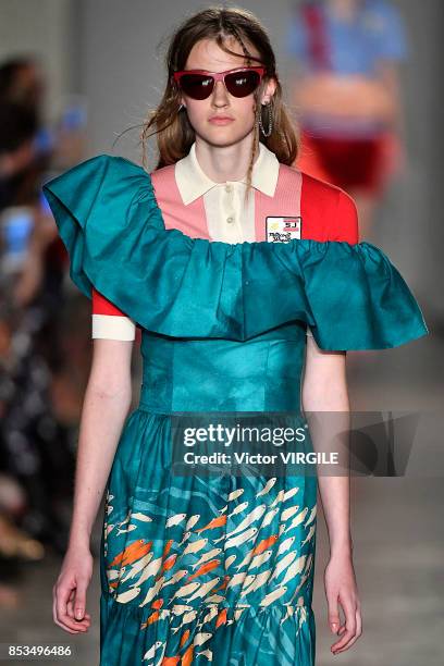 Model walks the runway at the Stella Jean Ready to Wear Spring/Summer 2018 fashion show during Milan Fashion Week Spring/Summer 2018 on September 24,...