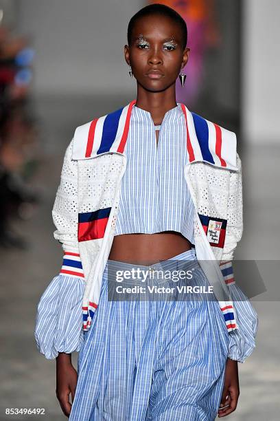 Model walks the runway at the Stella Jean Ready to Wear Spring/Summer 2018 fashion show during Milan Fashion Week Spring/Summer 2018 on September 24,...