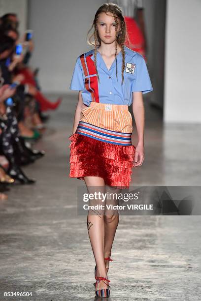 Model walks the runway at the Stella Jean Ready to Wear Spring/Summer 2018 fashion show during Milan Fashion Week Spring/Summer 2018 on September 24,...