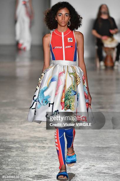 Model walks the runway at the Stella Jean Ready to Wear Spring/Summer 2018 fashion show during Milan Fashion Week Spring/Summer 2018 on September 24,...