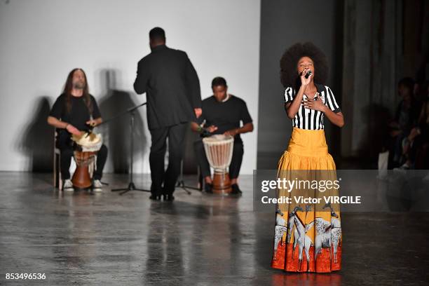 Singer walks the runway at the Stella Jean Ready to Wear Spring/Summer 2018 fashion show during Milan Fashion Week Spring/Summer 2018 on September...