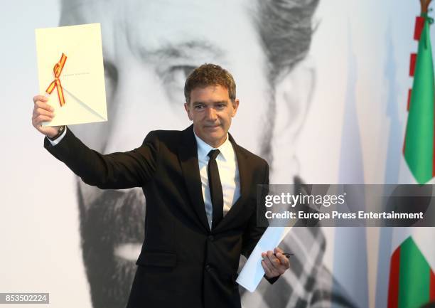 Spanish actor Antonio Banderas receives the National Cinema Award during 65th San Sebastian Film Festival at Prisma-Tabakalera on September 23, 2017...