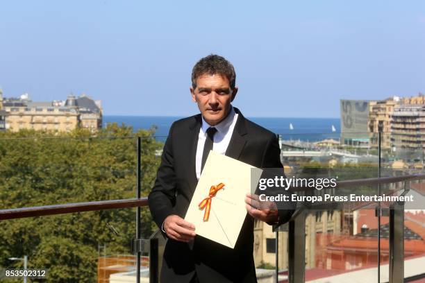 Spanish actor Antonio Banderas receives the National Cinema Award during 65th San Sebastian Film Festival at Prisma-Tabakalera on September 23, 2017...