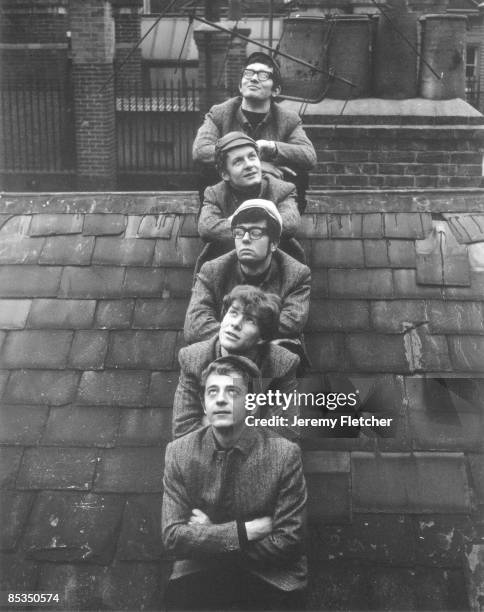 Photo of MANFRED MANN; Front-Back - Mike Hugg, Paul Jones, Manfred Mann, Mike Vickers and Tom McGuinness - posed, group shot, on rooftop
