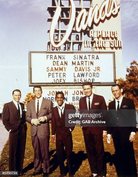 Frank Sinatra, Dean Martin, Sammy Davis Jnr, Peter Lawford, Joey Bishop - posed outside Sands Casino, Las Vegas, 1960 at "Summit At Sands"