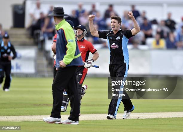 Worcestershire's bowler Jack Shantry celebrates the wicket of Durham's Scott Borthwick during the Natwest T20 Blast, North Division match at the...