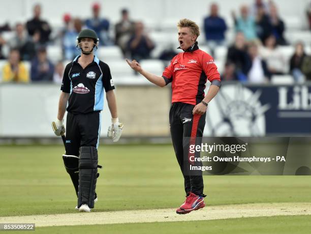 Durham's Scott Borthwick celebrates his LWB on Worcestershire's Daryl Mitchell during the Natwest T20 Blast, North Division match at the Emirates...