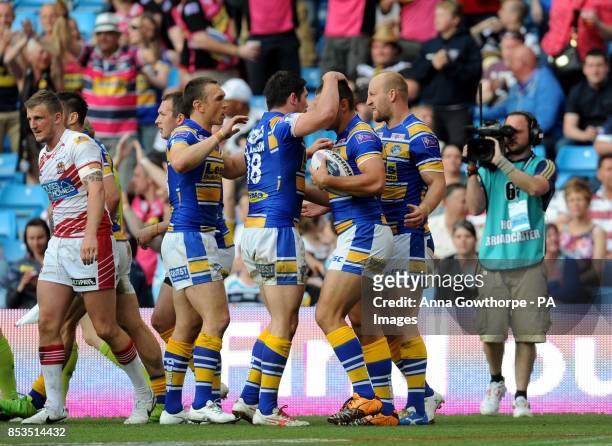 Leeds Rhinos' Ryan Hall celebrates with his teammates after scoring a try during the First Utility Super League Magic Weekend match at the Etihad...