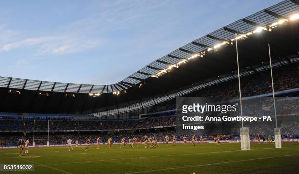 General view of match action between Wigan Warriors and Leeds Rhinos during the First Utility Super League Magic Weekend match at the Etihad Stadium,...